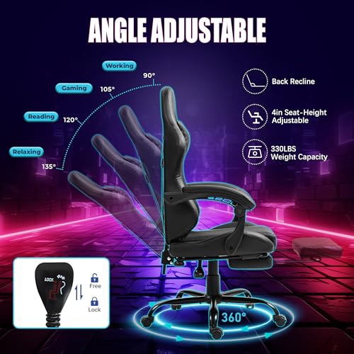 Massage Gaming Chair w/Footrest, Ergonomic High Back PC Chair w/Headrest and Lumbar, PU Swivel Home Desk Office Chair, Black