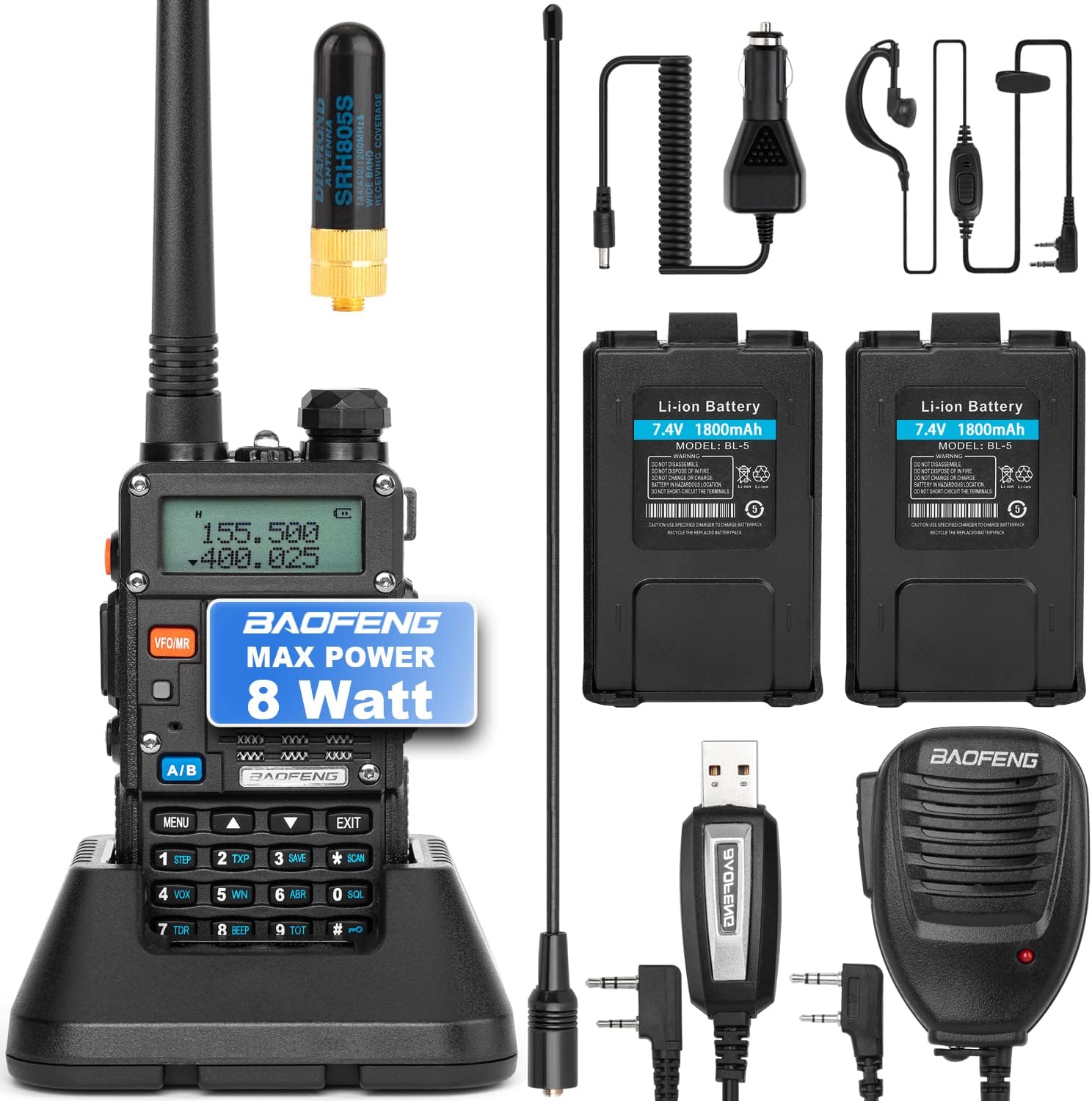 BaoFeng Ham Radio (UV-5R Pro) Walkie Talkie with 2 Rechargeable Battery, Dual-Band 2-Way Radio Handheld Walkie Talkies Complete Set with Earpiece and Programming Cable (Pack 1)