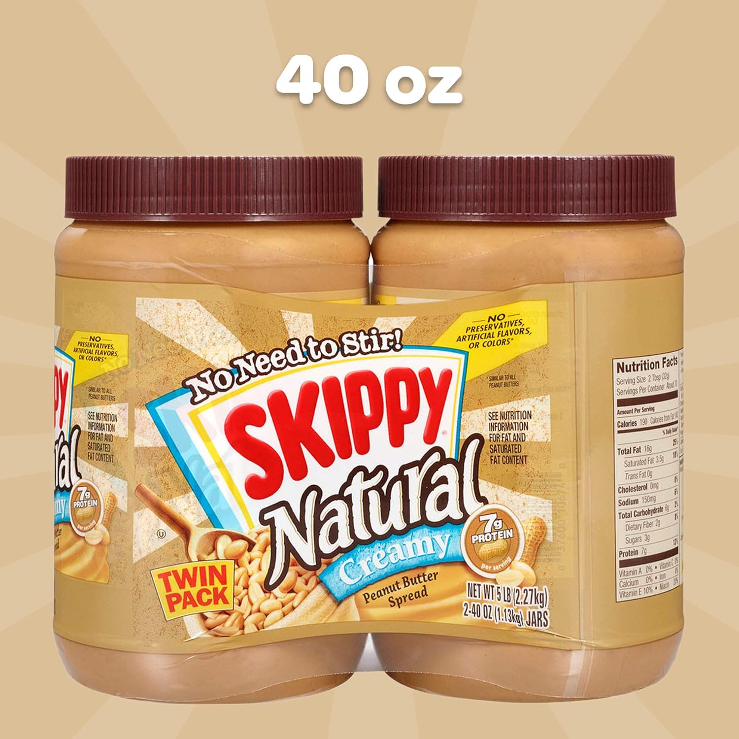 SKIPPY Natural Creamy Peanut Butter Spread, 40 Ounce Twin Pack