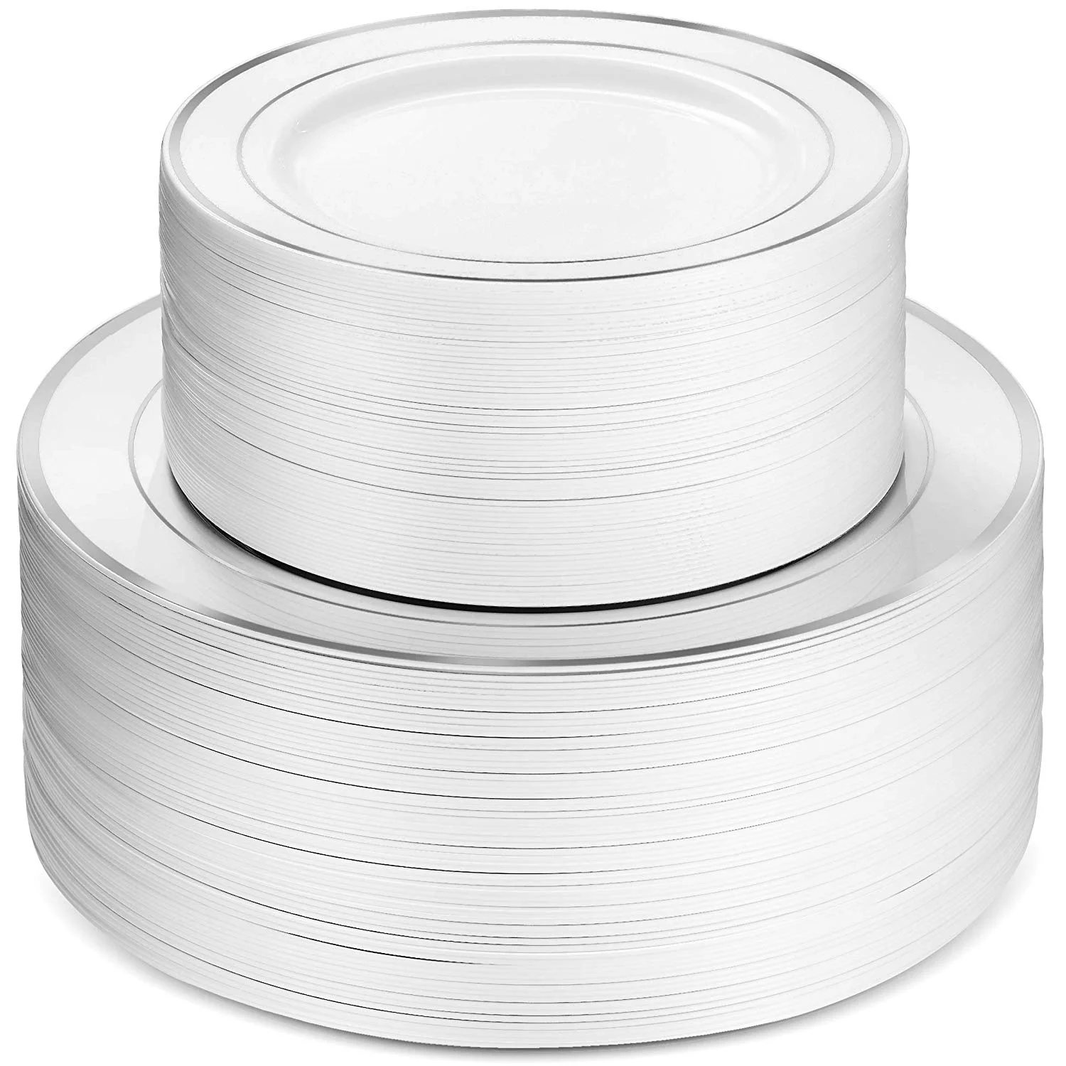 100 Piece Plastic Party Plates White Silver Rim. 50 Premium Heavy Duty 10.25 Inch Dinner Plates and 50 Disposable 7.5 Inch Dessert Appetizer Elegant Fancy Heavy Duty Wedding Plates