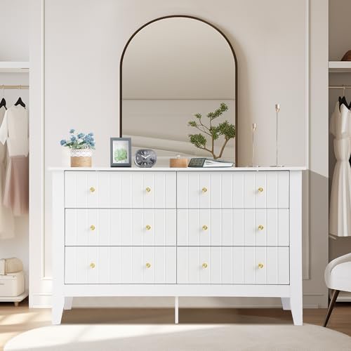 TITIMO 6 Drawer Double White Dresser for Bedroom,Modern Chest of Drawers with Metal Handle and Deep Drawers,Wooden Storage Organizer Cabinet for Living Room,Entryway,Hallway,Dressing Room