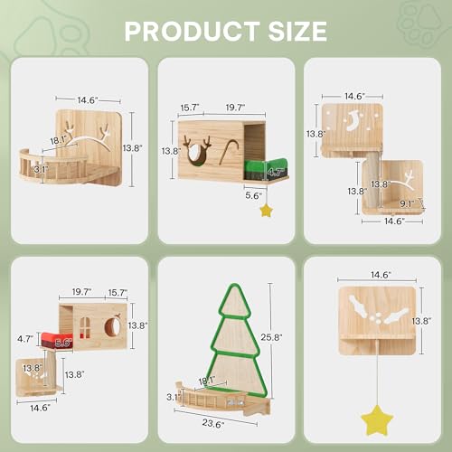 Cat Wall Shelves and Perches, Solid Wood Wall Mounted Cat Furniture, Set of 13 Cat Climbing Shelves with Moon Hammock, House, Wall Ladder, Scratching Post and Cat Tunnel