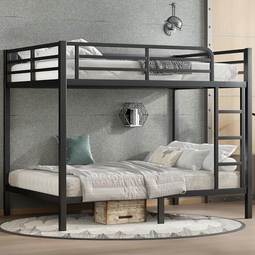 Heavy Duty Bunk Bed Frame with Ladder, Twin XL Over Twin XL Bunk Beds with Safety Guardrails, Adults Bunk Beds with Noise-Reducing Rubber Stoppers, Easy Assemble, Black