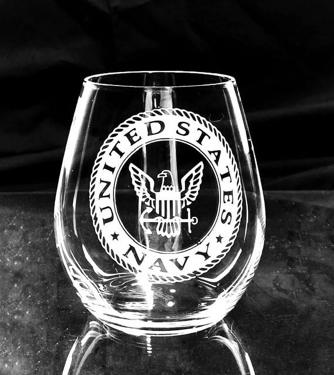 Navy Logo deep etched on Stemless Wine Glass