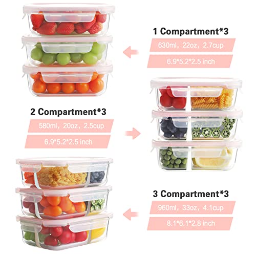 Bayco 9 Pack Glass Meal Prep Containers 3 & 2 & 1 Compartment, Glass Food Storage Containers with Lids, Airtight Glass Lunch Bento Boxes, BPA-Free & Leak Proof (9 lids & 9 Containers) - Grey