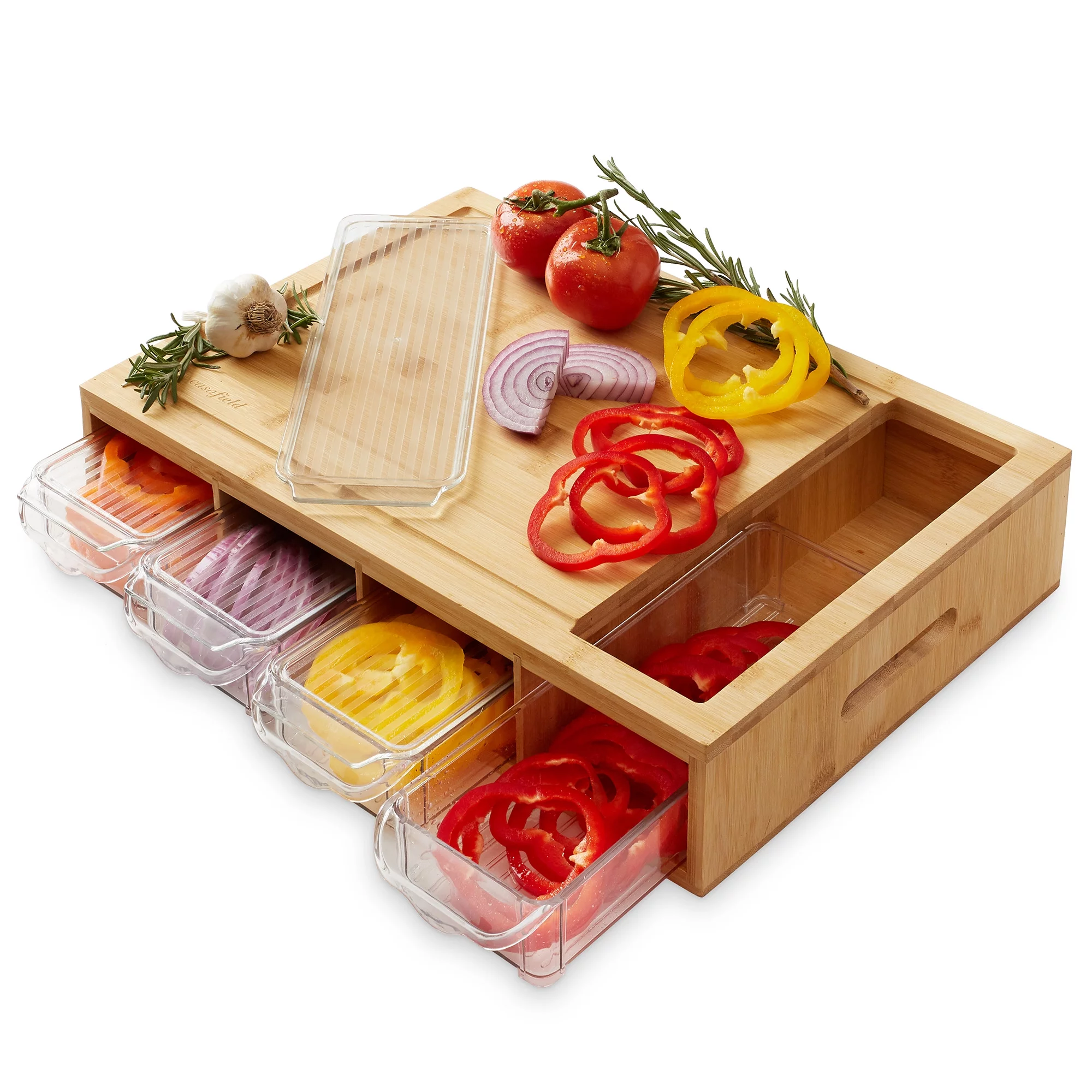 Casafield Bamboo Cutting Board with (4) BPA-Free Food Prep Storage Trays and Lids