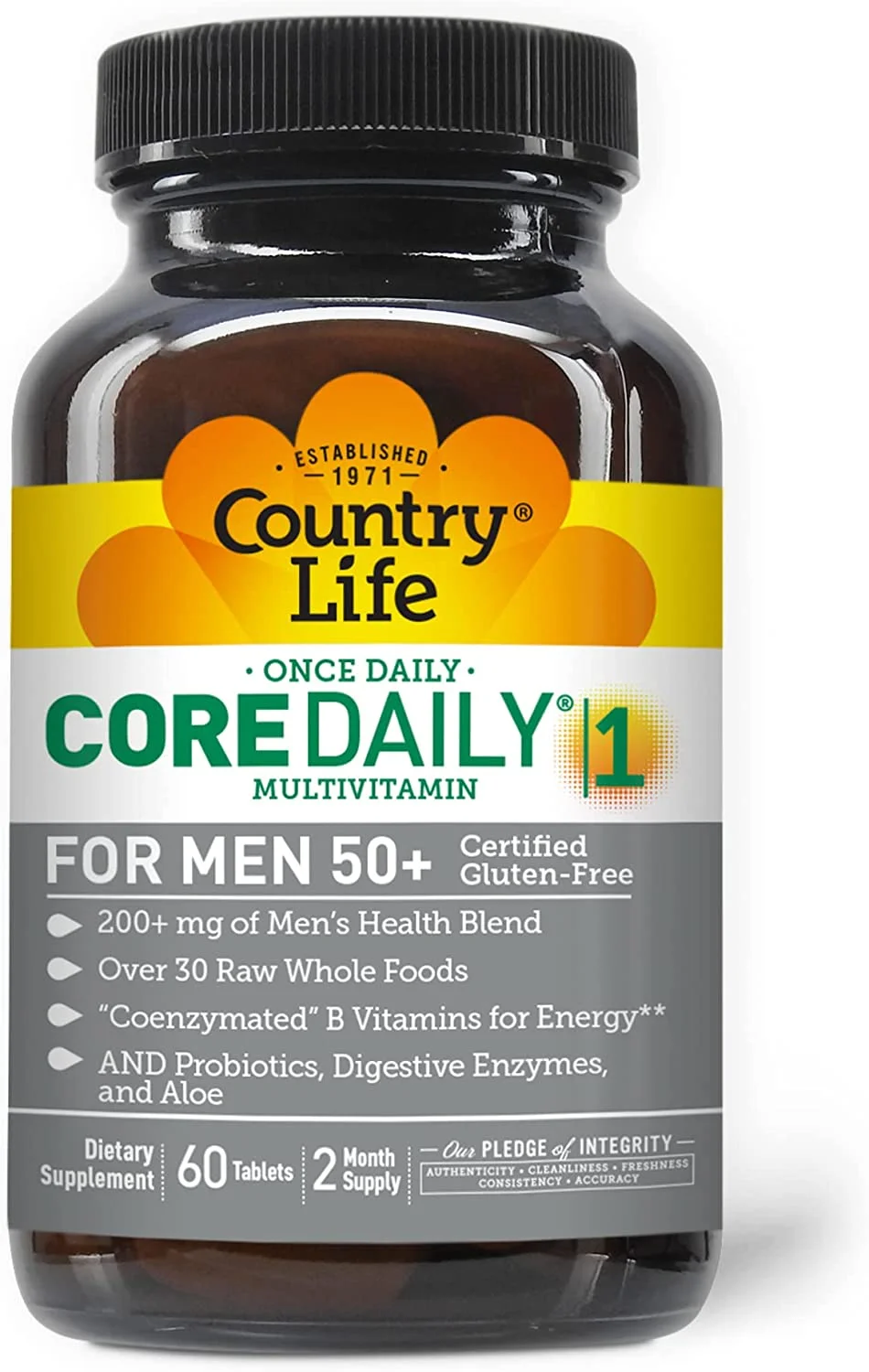 Country Life Core Daily-1 Multivitamin for Men 50+, Energy Support, 60 Tablets, 2 Month Supply, Certified Gluten Free