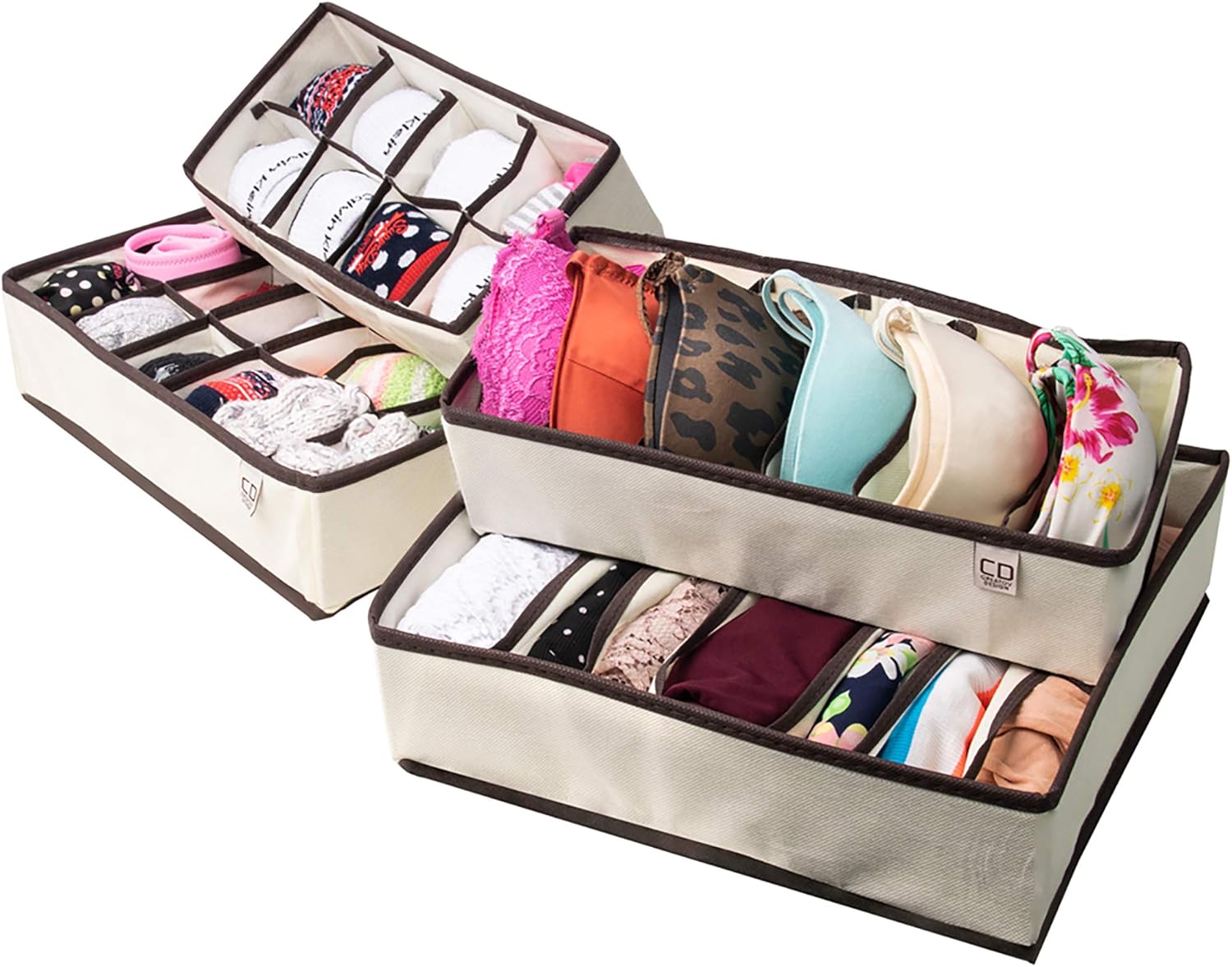 Underwear Sock Drawer Closet Organizer Set of 4 Collapsible Beige Fabric Foldable Storage Boxes Draw Organizers Divider for Panties Bra Socks Tie Belt Lingerie Clothing Fits Under Bed Drawer Closet