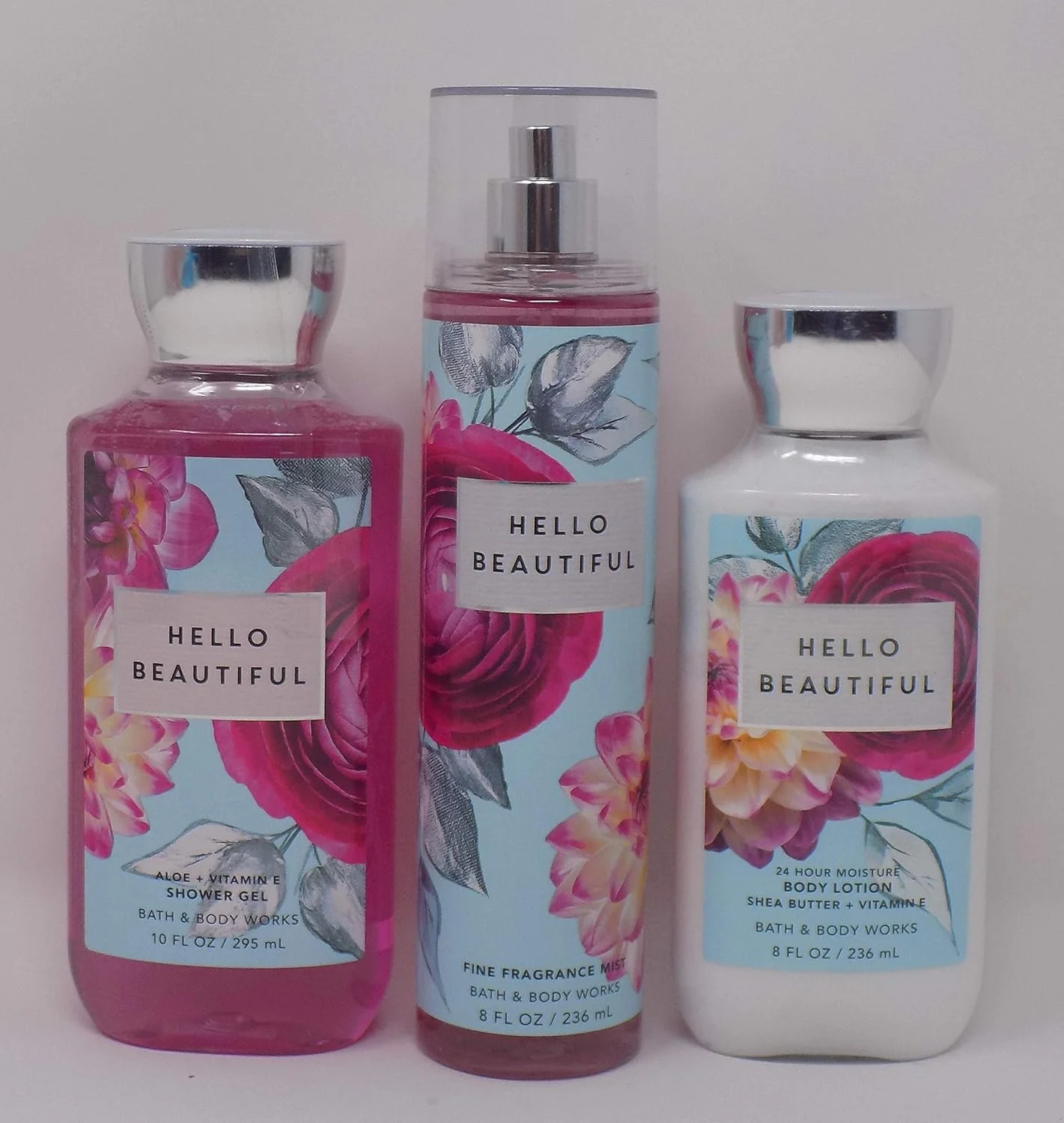 Hello Beautiful (White Gardenia, Jasmine, Magnolia, Nectarine, Cotton Musk) Lot Of Three Full Size 1- 10 Oz Shower Gel, 1- 8 Oz Body , And 1- 8 Oz Fine Fragrance Mist