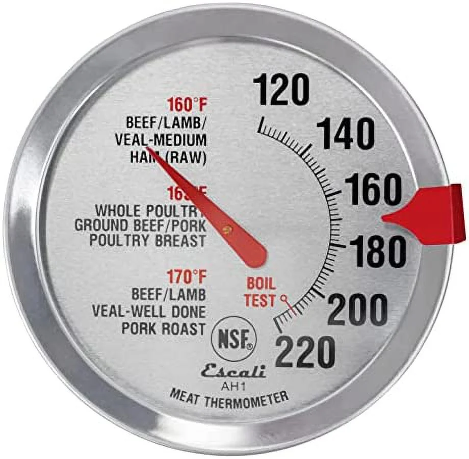 Escali AH1 Stainless Steel Oven Safe Meat Thermometer, Extra Large 2.5-inches Dial, Temperature Labeled for Beef, Poultry, Pork, and Veal Silver NSF Certified