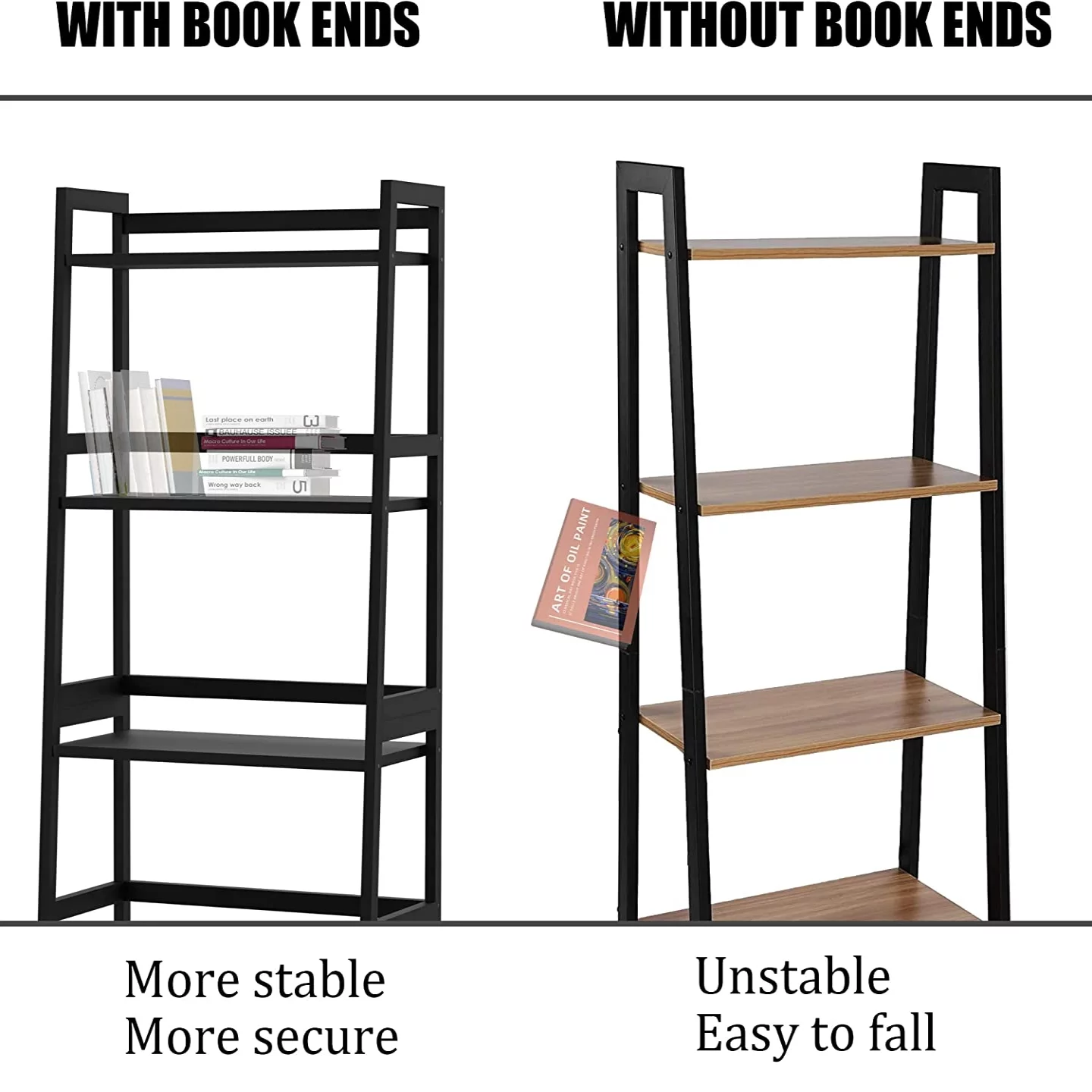 BZH Storage Book Shelves, 5 Tier Tall Bookcase, Modern Open Ladder Shelf for Bedroom, Living Room, Bathroom, Kids Room, Office(Black)