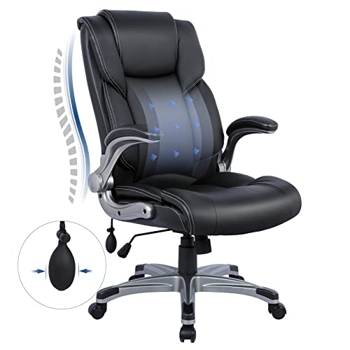 COLAMY Executive Office Ergonomic Chair with Thick Bonded Leather, Flip-up Armrests, High Back Adjustable Height and Tilt for Working, Study, Gaming