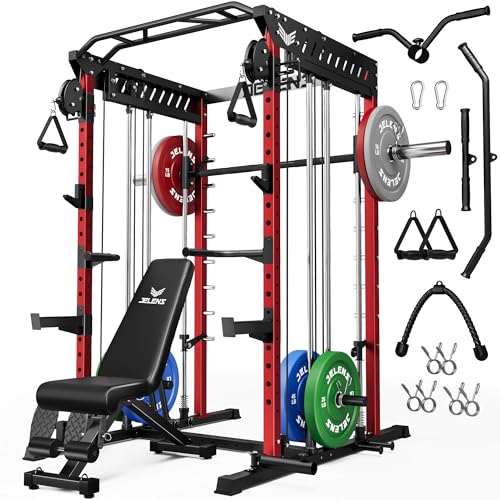 M21 Smith Machine, Multi-Function Power Cage with Dual Pulley Cable Crossover System, 2000LBS All-in-One Squat Rack with Smith Bar and Attachments