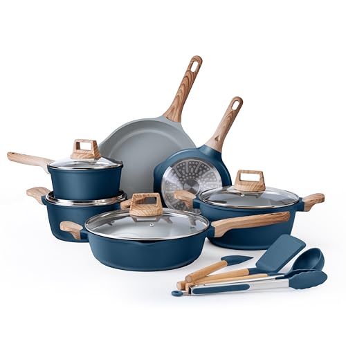 Country Kitchen Pots and Pans Set Nonstick, Cast Aluminum Kitchen Cookware Set with Utensils, 14 Pcs Non Stick Cooking Set w/Frying Pans & Saucepans