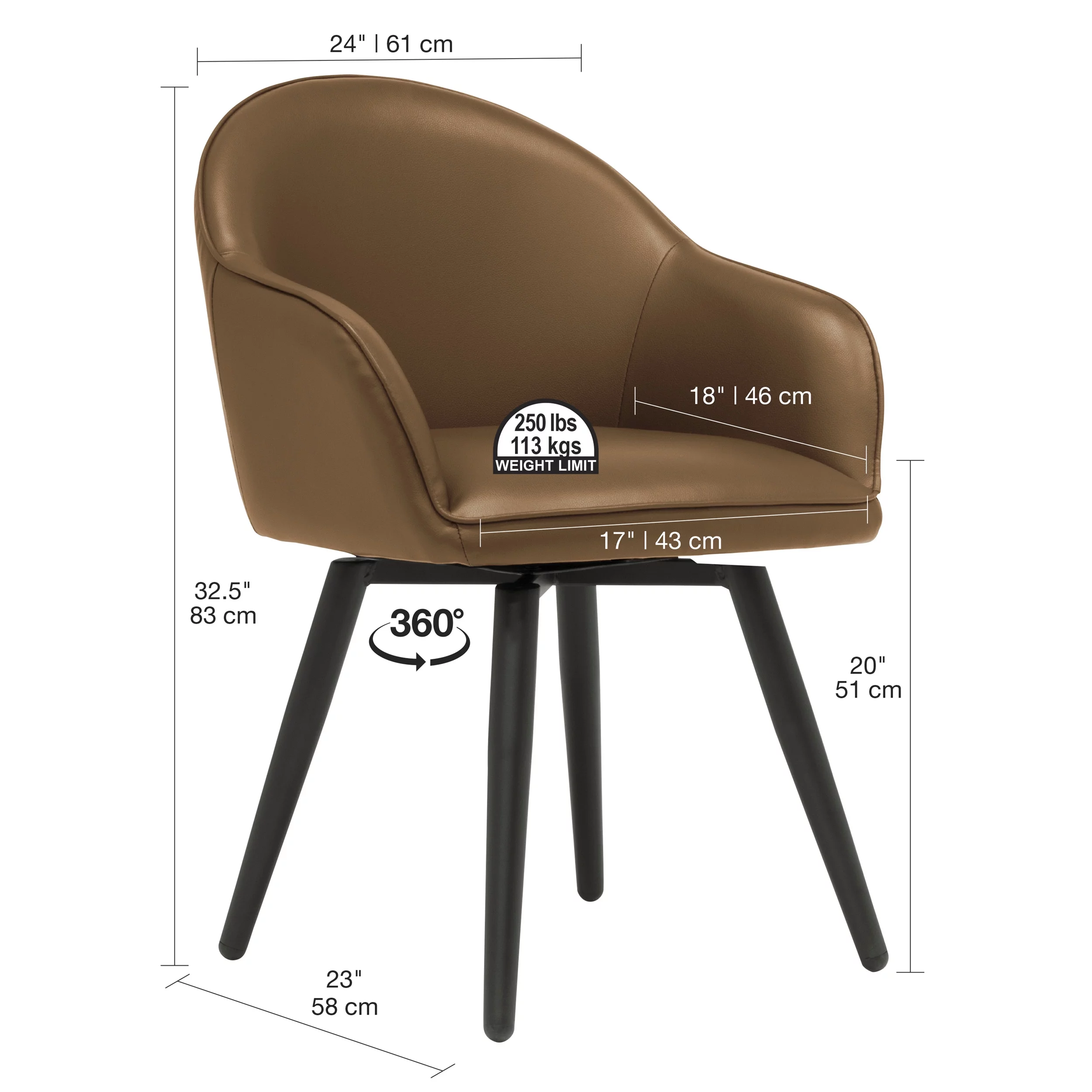Studio Designs Home Dome Swivel Dining / Office Chair with Arms Caramel Brown Blended Leahter with Metal Legs