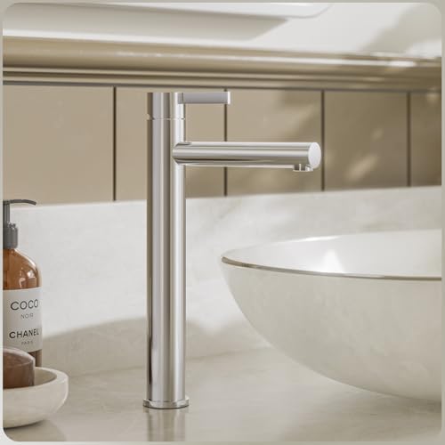 Phiestina Brushed Gold One Hole High Bathroom Vessel Sink Faucet, Single Hole Single Handle Tall Bathroom Faucet, with Pop Up Drain and Water Supply Line,FH01-BG-V