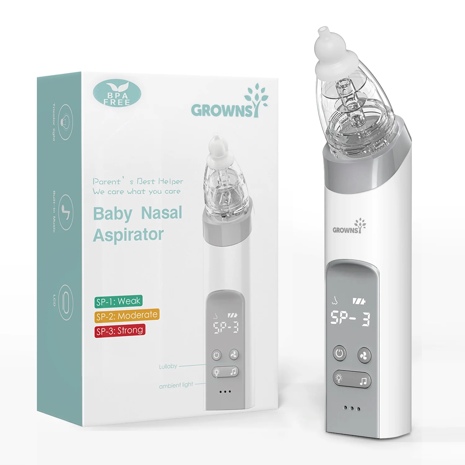 Baby Nasal Aspirator,Nose Sucker with 3 Silicone Tips,3 Suction Level,Music and Light Soothing Function Grey