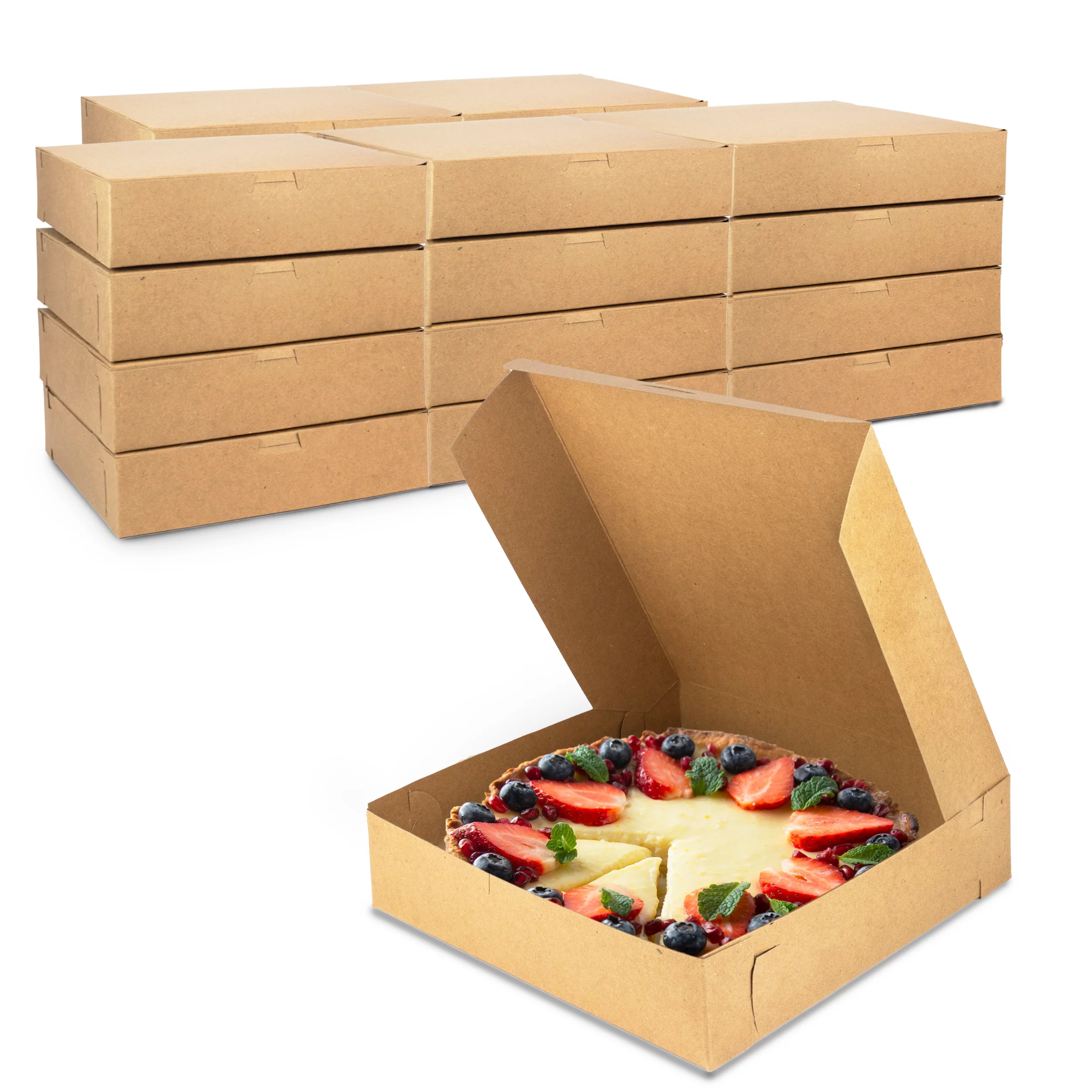 [250 Pack] Brown Pie Boxes - 10x10x2.5 Inch Kraft Square Bakery Boxes for Cookies, Cake, Cheesecake, Chocolate Covered Strawberries, Dessert, Macaroon - Bulk Paper Cardboard Sweet Boxes for Treats