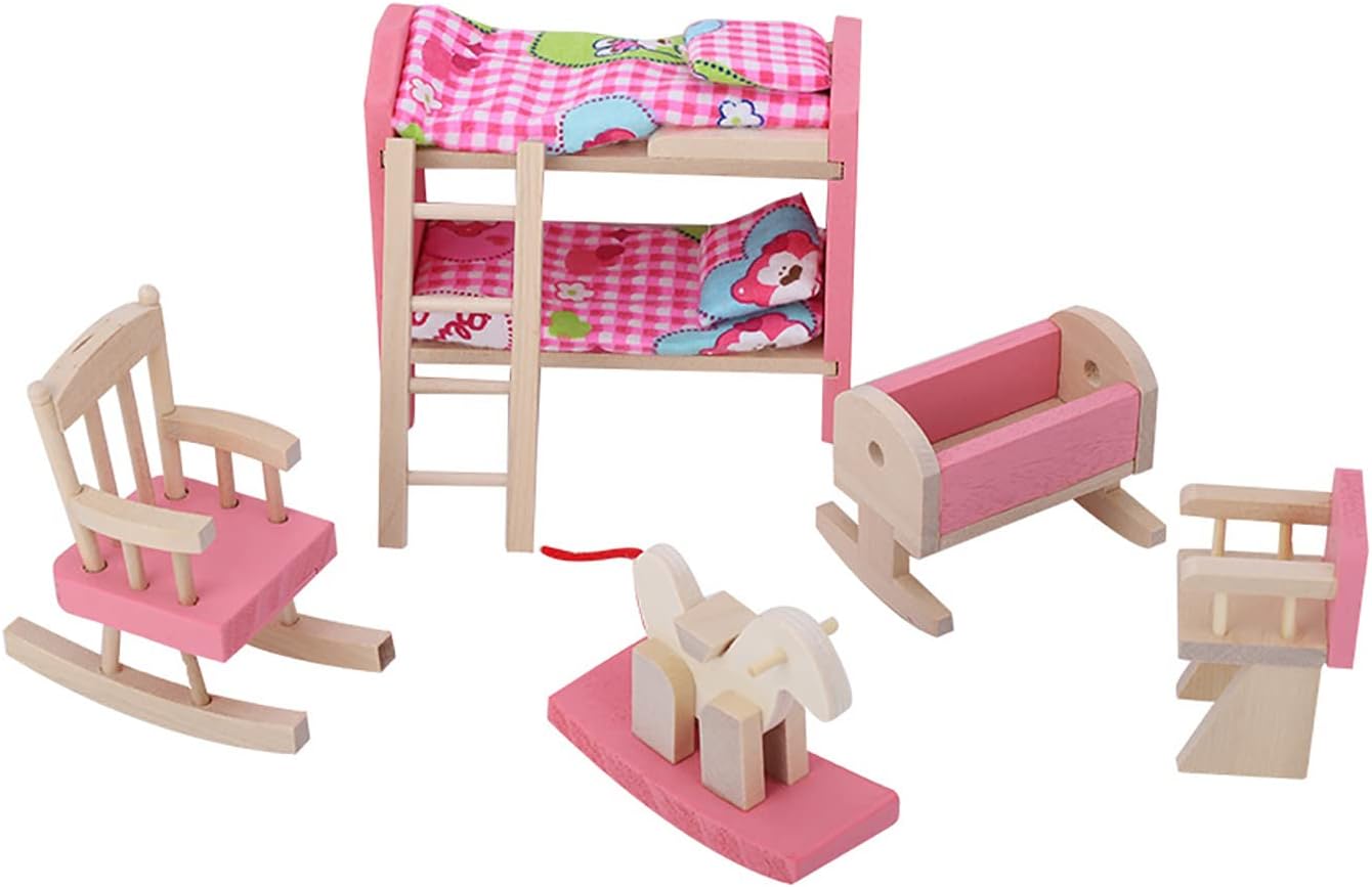 Alomejor Wooden Dollhouse Furniture 6 Different Rooms Wooden Furniture with Cushion and Towel for 1:12 Dolls or Dollhouse (Children's Bedroom)