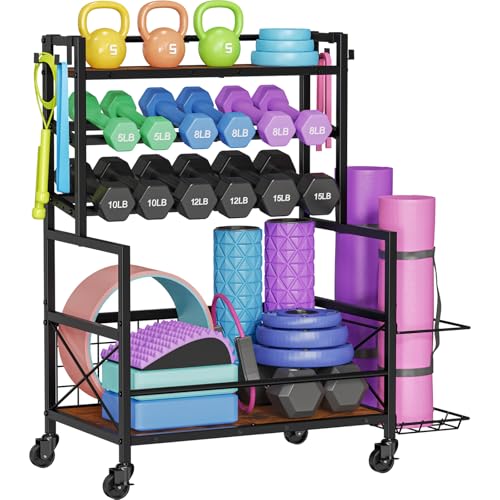 Snughome Dumbbell Rack, Adjustable Weight Rack for Dumbbells, Home Gym Storage Rack for Dumbbell, Kettlebells, Foam Roller and Yoga Mat, All in One Workout Equipment Storage with Wheels and Hooks
