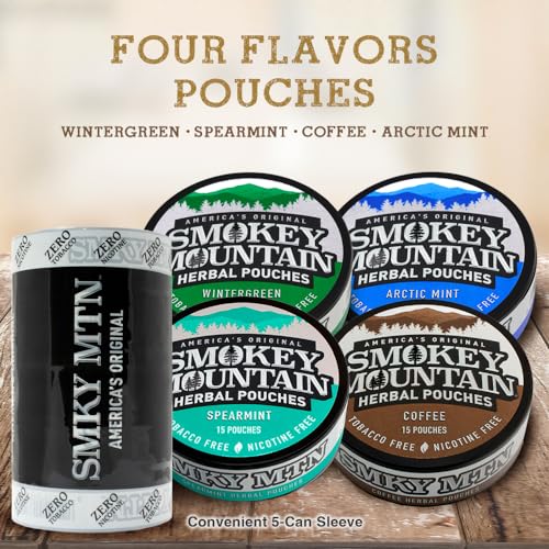 Smokey Mountain Pouches - Nicotine-Free and Tobacco-Free - 5 Cans - 15 Energy Pouches Per Can