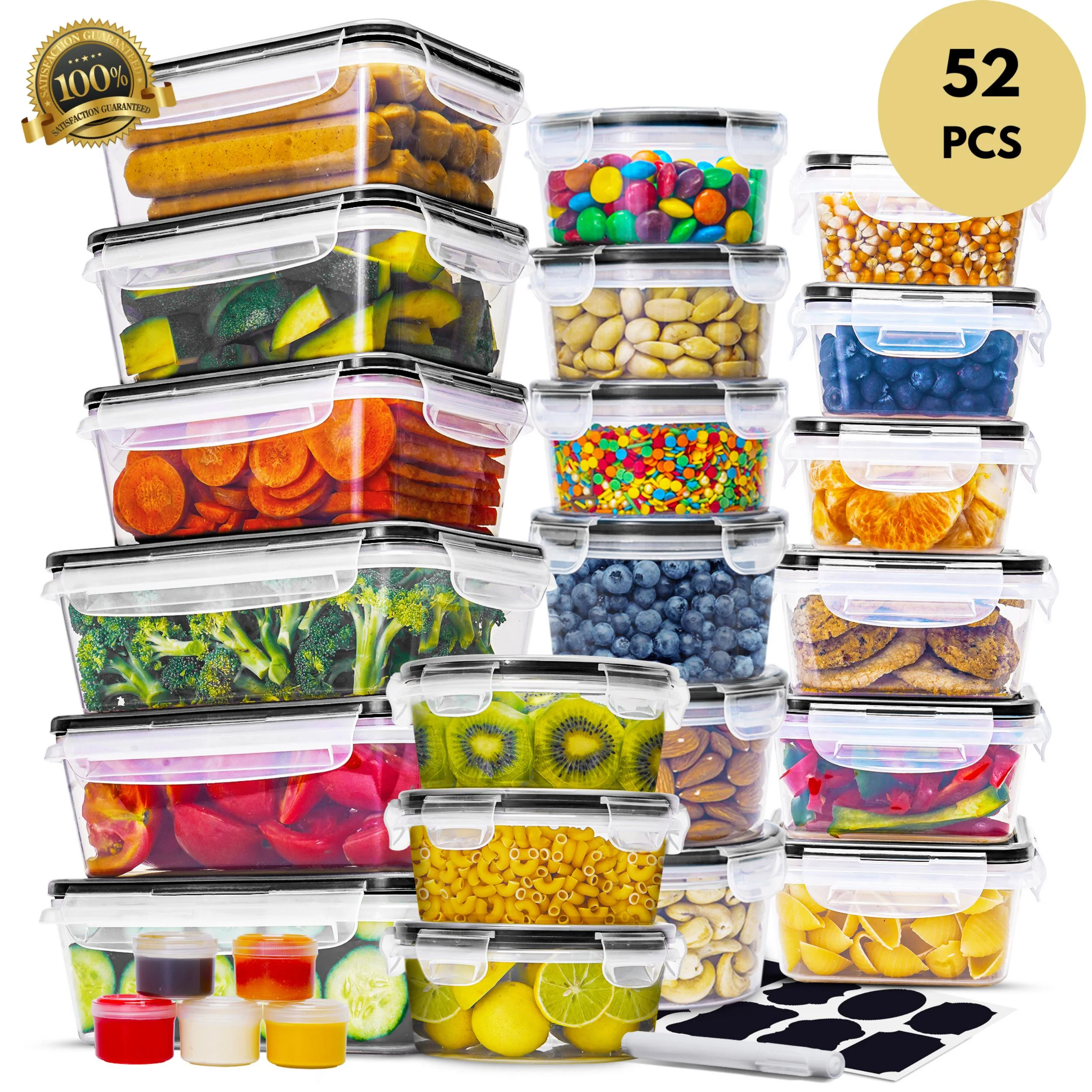 52 Pcs Food Storage Containers with Lids-(26 Clear Plastic Containers with 26 Lids) BPA-Free Meal Prep Airtight Kitchen and Pantry Organization, Microwave, Dishwasher Safe with Labels & Marker