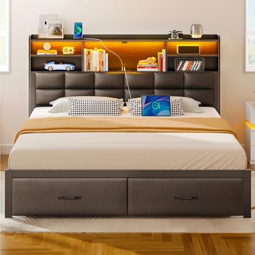 Rolanstar Bed Frame Full Size with Drawers and Charging Station, Upholstered Platform Bed with Storage Headboard and LED Light, Heavy Duty Metal Frame Support, No Box Spring Needed, Noise Free, Black