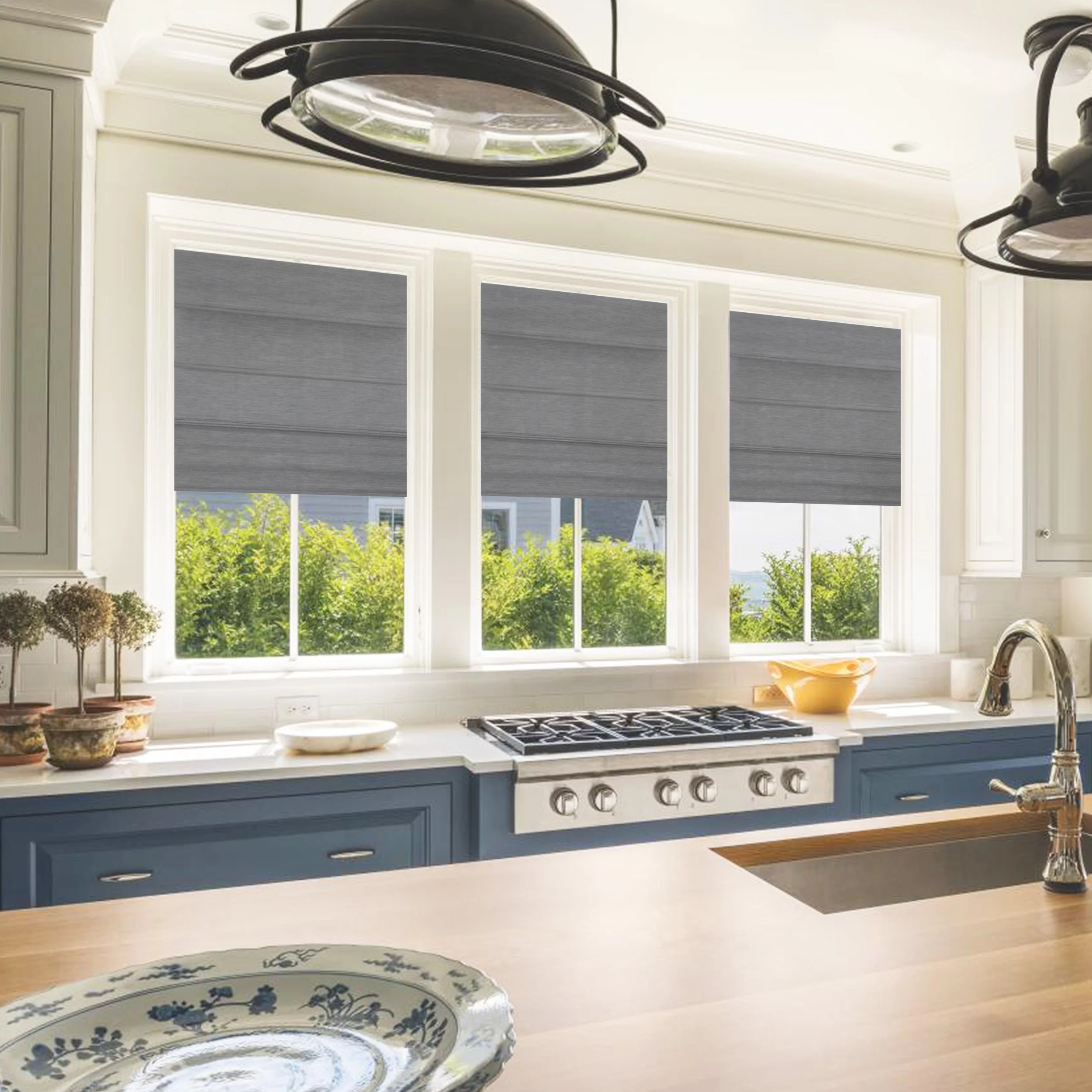 Biltek Gray Roman Shades Total Blackout Window Blinds Inside/Outside Mount Thermal Washable Fabric  23