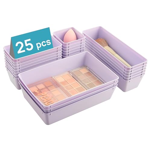 Vtopmart 25 PCS Plastic Drawer Organizers Set, 4-Size Versatile Bathroom and Vanity Drawer Organizer Trays, Storage Bins for Makeup, Bedroom, Kitchen Gadgets Utensils and Office