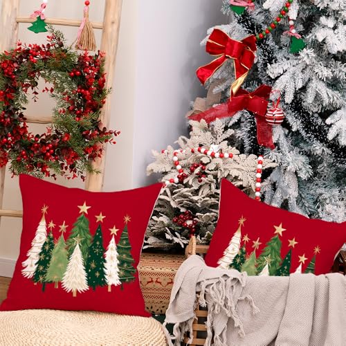 AACORS Christmas Pillow Cover 12X20 Inch Watercolor Christmas Tree Stars Decoration Holiday Farmhouse Winter Pillow Case for Sofa Couch Decor（Red）