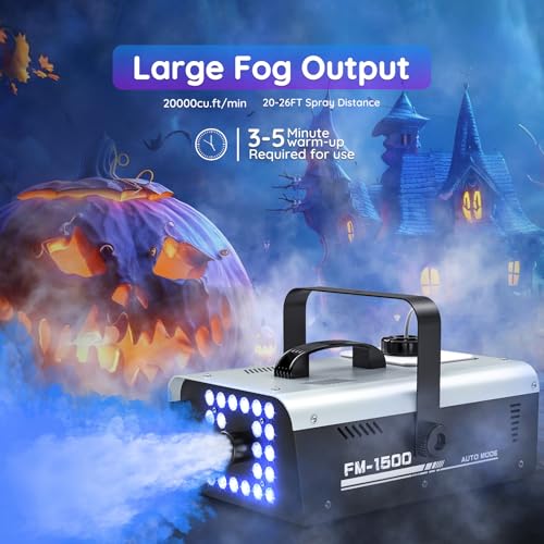 Fog Machine Halloween Outdoor Indoor, 1500W Smoke Machine Fog with 24 LEDs Strobe Lights and Remote for DJ Party Disco Stage Wedding