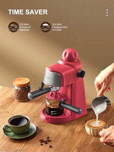 Espresso Machine, 3.5Bar Espresso and Cappuccino Machine with Fast Heating Function, 1-4 Cups Coffee Maker with Milk Frothing Function and Steam Wand (Red)