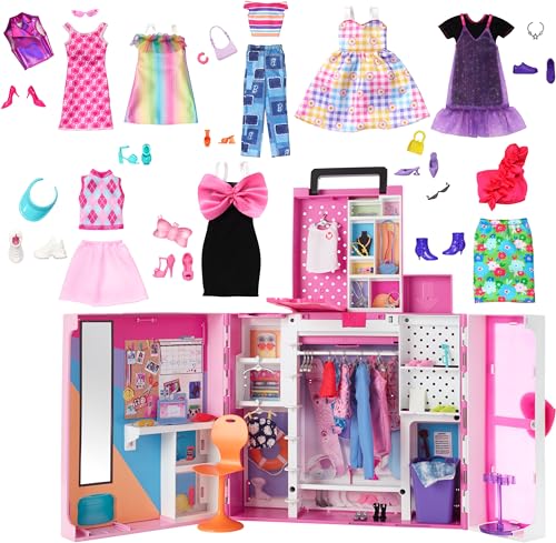 Barbie Dream Closet Playset with 35+ Doll Clothes & Accessories, Includes 5 Complete Looks, Pop-Up Second Level, Mirror & Laundry Chute