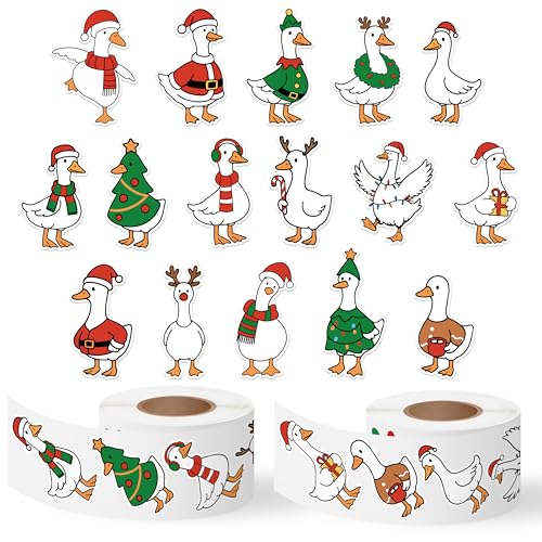Christmas Goose Roll Stickers - 1000Pcs Silly Cartoon Xmas Tree Snowman Goose Vinyl Decals for Kids, Funny Animals Theme Stickers Gifts for Christmas Party Home Decor Laptops Guitars Luggage