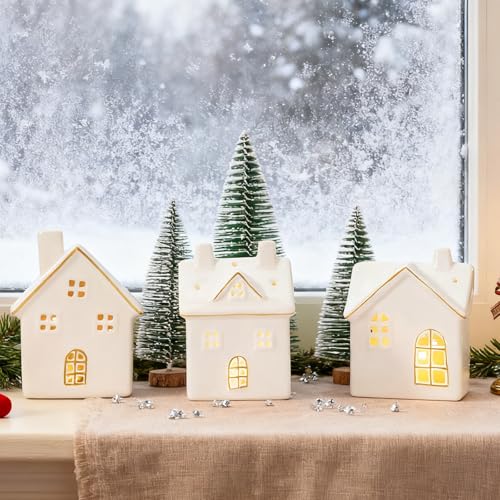 DN DECONATION Light up Christmas Decor Ceramic Village Houses, 3Pcs White Christmas Porcelain Villages with Frosted Trees, Holiday House Figurines Xmas Village Sets for Winter Table Decoration Indoor
