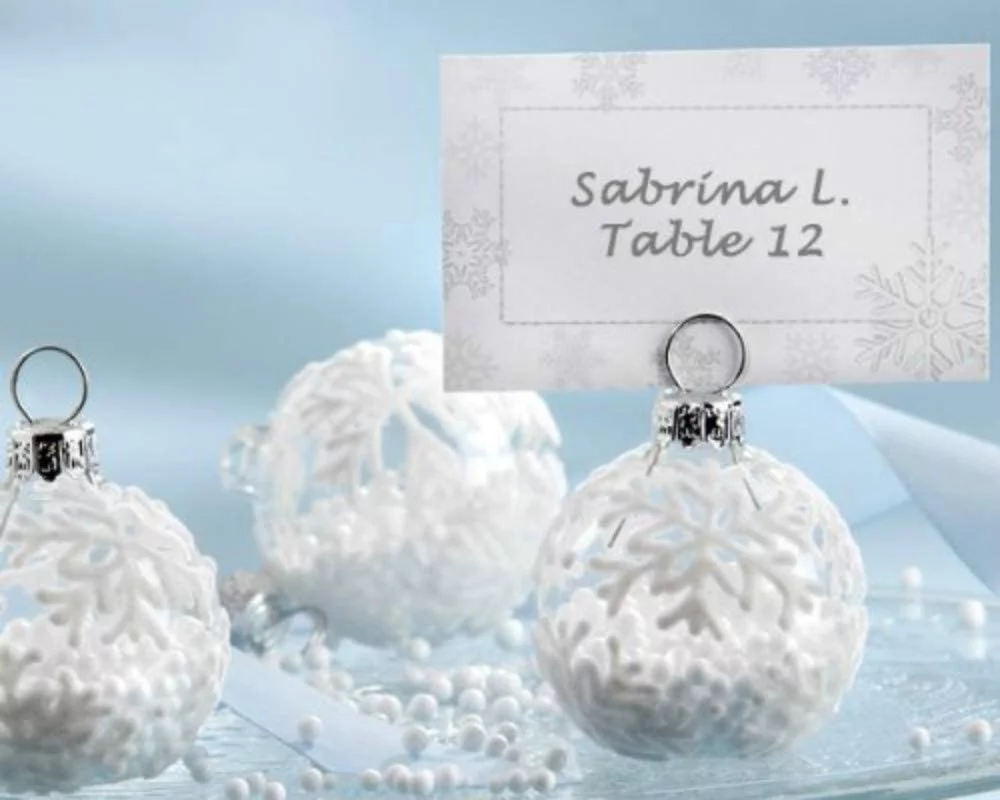 Kate Aspen Place Card Holders (Place Cards Included) - Set of 12 - Table Number Holder for Weddings, Snow Flurry Flocked Glass Ornament for Table Assignments at Bridal Showers or Anniversaries