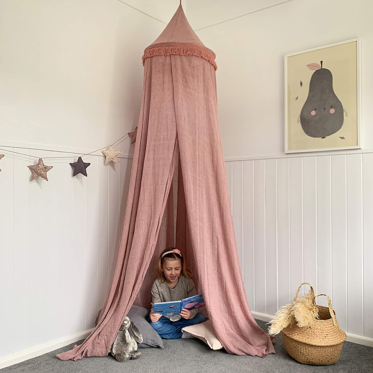 Zeke and Zoey Hanging Dusty Dirty Pink Princess Canopy for Girls Bed with Tassels - Hideaway Tent for Kids Rooms or Cribs. Nursery Decoration - Slightly Sheer Drapes for Child, Play or Reading