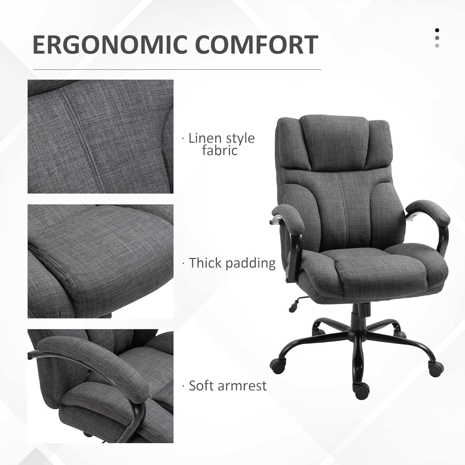 500Lbs Big And Tall Office Chair With Wide Seat, Ergonomic Executive Computer Chair With Adjustable Height, Swivel Wheels And Linen Finish, Dark Grey
