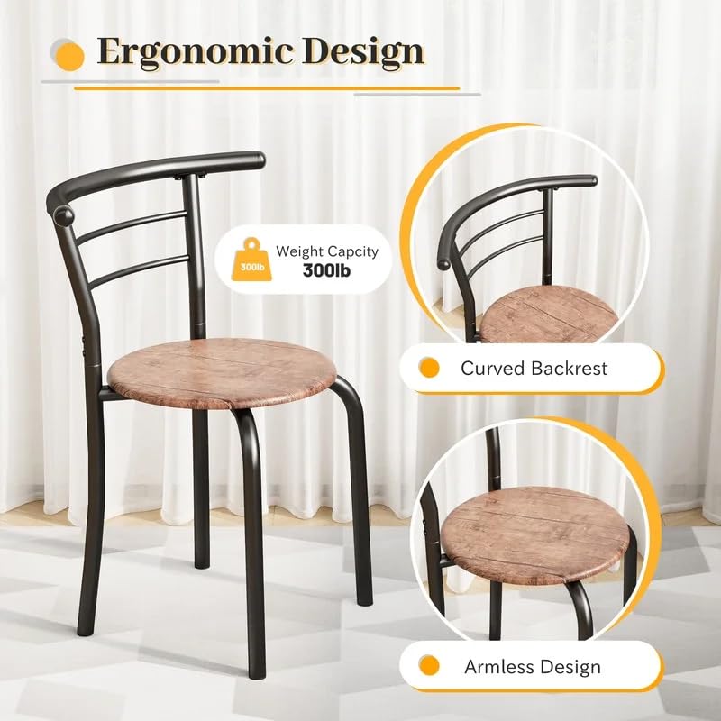 Shahoo 3-Piece Wooden Dining Table Set, Kitchen Breakfast Nook Sets with 2 Chairs & Round Tabletop, Space Saving Furniture Metal Frame and Built-in Wine Rack, Walnut