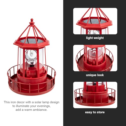Operitacx Solar Powered Rotating Lighthouse Lamp - Waterproof Solar Lighthouse Outdoor Garden Decor, Led Yard Light for Patio, Lawn, and Pathway (Red)