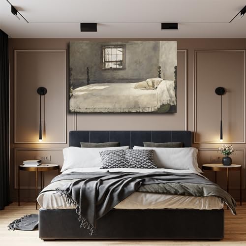 Andrew Wyeth Master Bedroom 1965 Dog Lying on Bed Scene Poster Canvas Painting Wall Decoration Art Aesthetic Modern Living Room Classroom Kitchen Bedroom Bath Home Decoration Gift (20×27inch Framed)