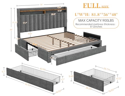 EnHomee Queen Bed Frame with 3 Storage Drawers, Upholstered Bed Frame Queen Size with 2-Tier Storage Headboard, Wooden Slats, No Box Spring Needed, Noise-Free, Beige