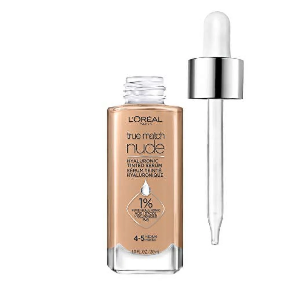 LOreal Paris True Match Nude Hyaluronic Tinted Serum Foundation with 1% Hyaluronic acid, Light-Medium 3-4, 1 fl. oz.