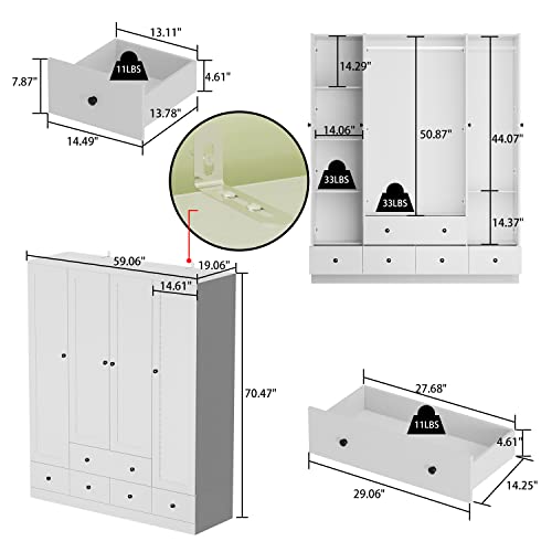 ECACAD Large Wardrobe Armoire with Multi-Tier Shelves, 5 Drawers, Hanging Rod & 4 Louver Doors, Wooden Closet Storage Cabinet for Bedroom, White (59.06”W x 19.06”D x 70.47”H)