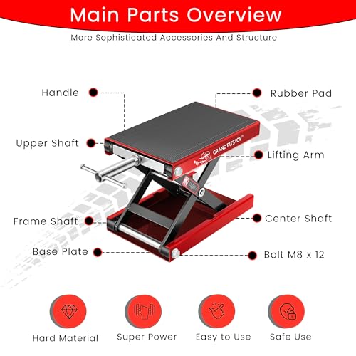 GRAND PITSTOP Motorcycle & Powersports Maintainence Stand Lift Scissor Jack Steel Wide Deck Hoist Crank Center Stand 1100 LBS Capacity for Motorcycles, for Cruiser, Dirt Bike, Sports Bike, ATV (Red)