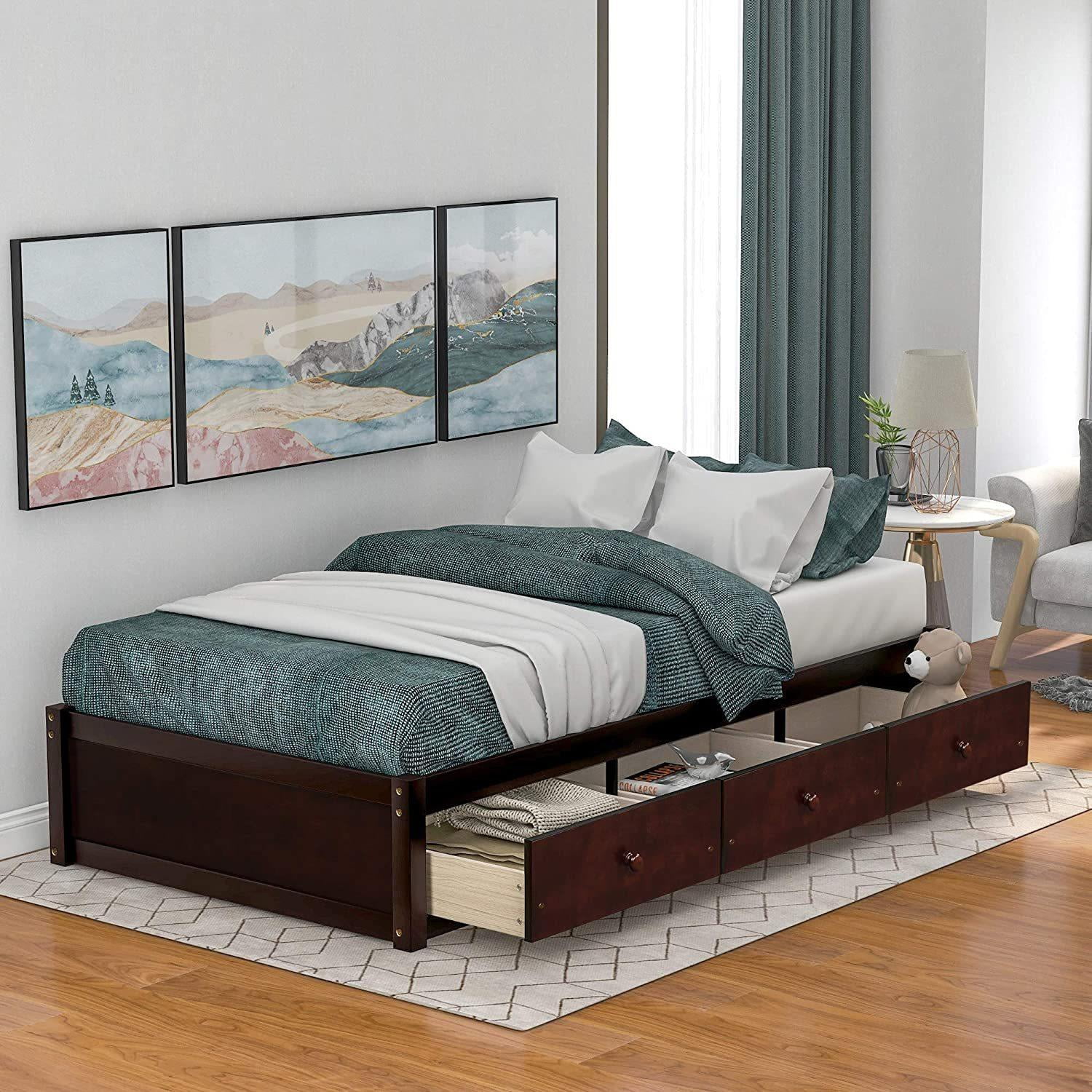 Twin Size Platform Bed Frame with Three Drawers, Sturdy Wood Structure, Small Space & No Box Spring Needed (Brown Cherry)
