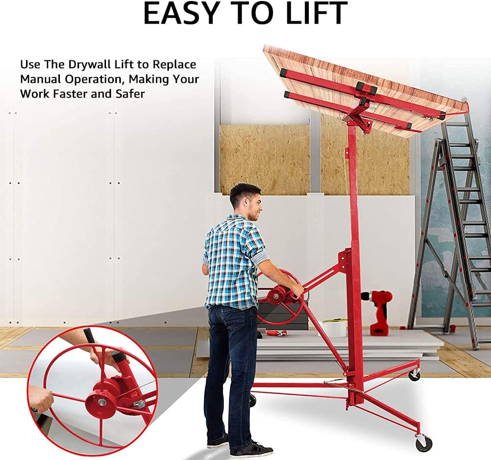 Drywall Lift,Drywall Panel Hoist Lift 11FT Sheetrock Lift Drywall Lift Professional Jack Lifter Heavy Duty Sheetrock Hoist Holder Upgrade Adjustable Telescopic Arm and Caster Wheel Lockable