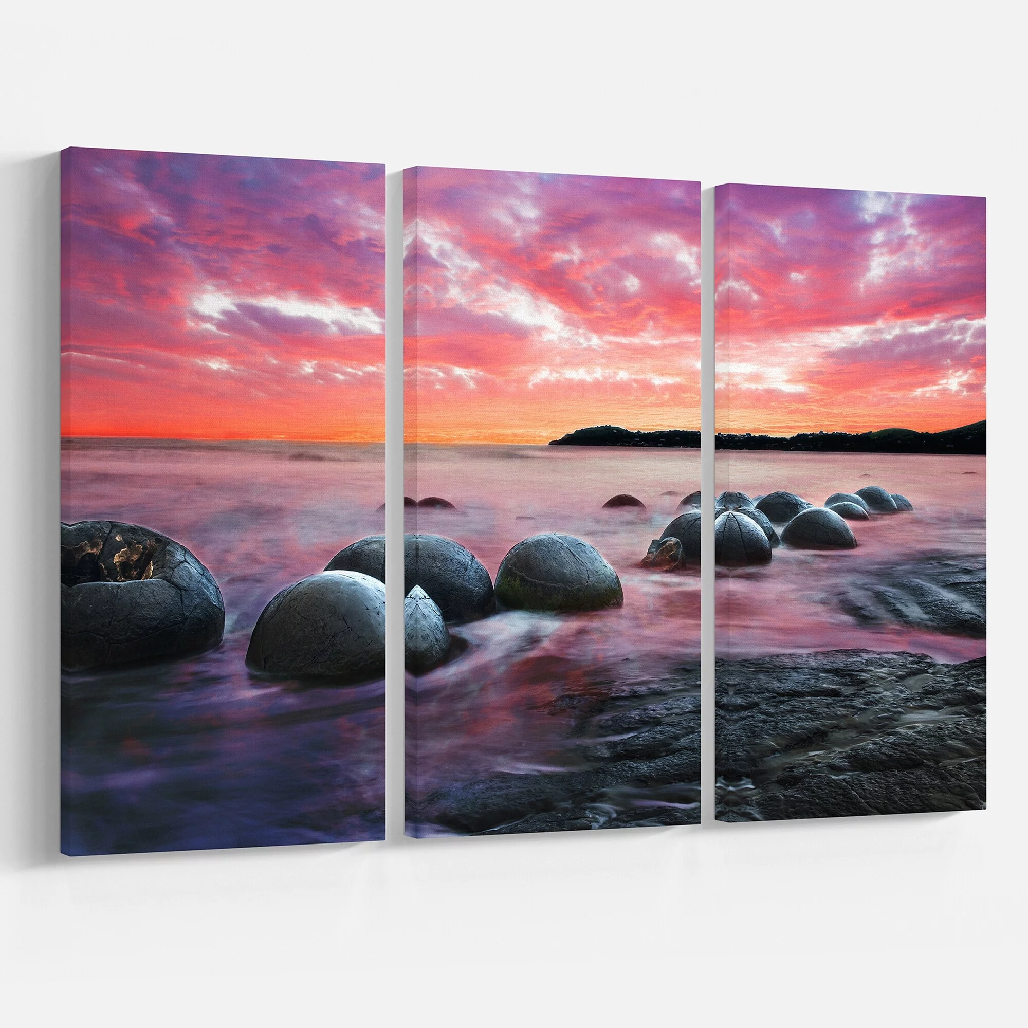 Design Art Moeraki Boulders at Sunset - 3 Piece Graphic Art on Wrapped Canvas Set