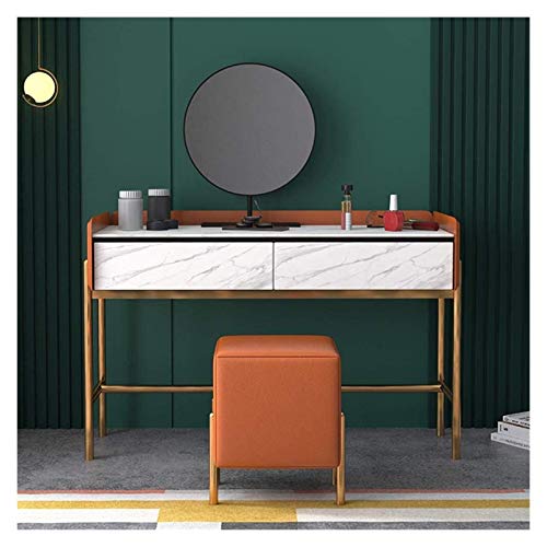 Luxury Dressing Vanity Table w/Stool for Bedroom, Dressing Table with 2 Large Drawers, Bedroom Makeup Vanity Desk with Round Mirror and Cushioned Stool(White)