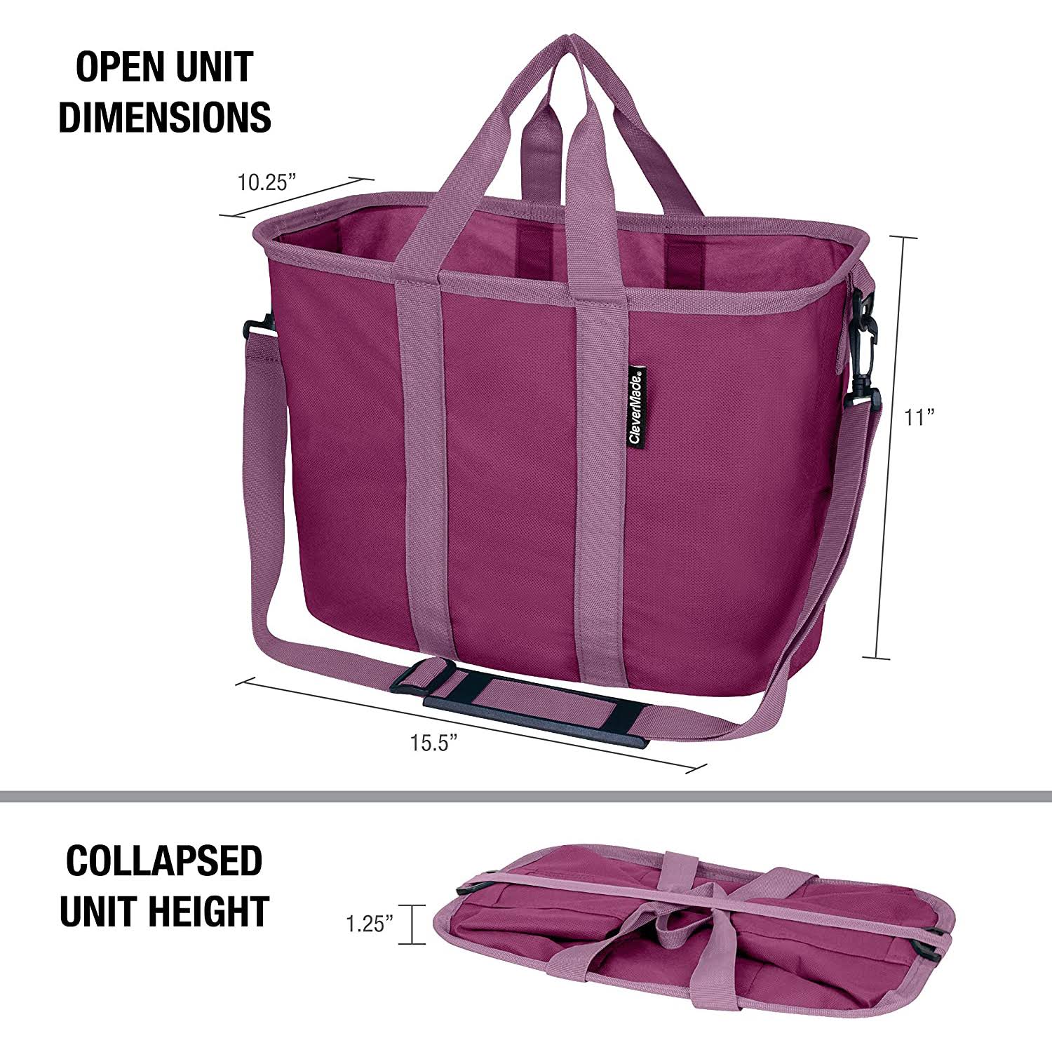 Clevermade 20L EcoBasket Grocery Tote Bags with Shoulder Strap, Plum (3 Pack)